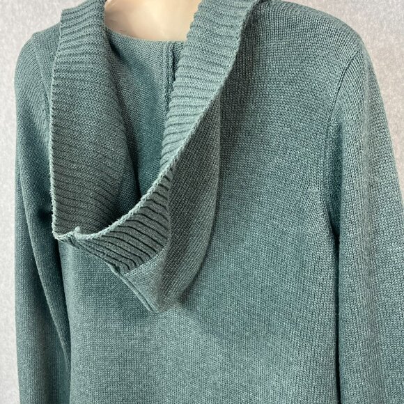 Tahari Open Front Cardigan Sweater Duster Hood Medium Green Cotton Blend Pockets - Picture 7 of 11